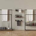 Modern Bathroom Setup With Metal Towel Racks Storage Shelves And Toiletries