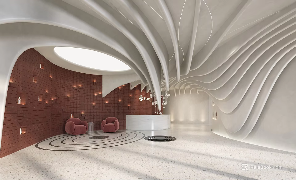 Modern Shop Front Desk With Curved Design White Counter Brick Wall And Red Accent Chairs 3d model 