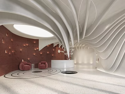 Modern Shop Front Desk With Curved Design White Counter Brick Wall And Red Accent Chairs 3d model