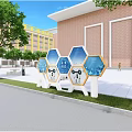 Campus Garden Landscape With Hexagonal Display Boards Trees And Stone Benches 3d model