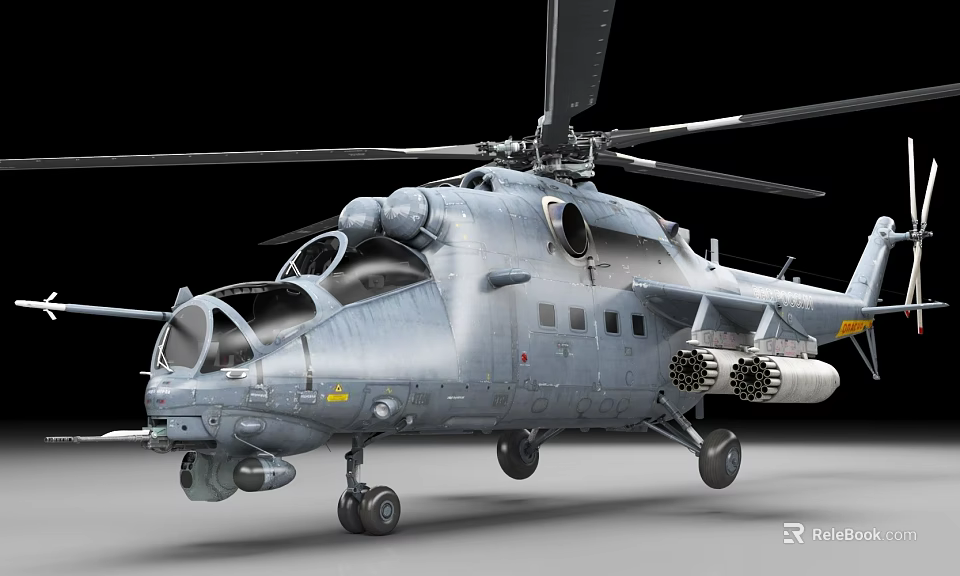 Gray Military Helicopter With Rotors Mounted Missiles And Landing Gear 3d model 