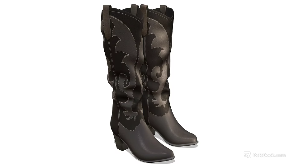 Stylish Black Leather Knee High Boots With Decorative Pattern And Block Heel 3d model
