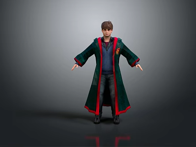 Game and Movie Character Standing in Green Robe With Red Trim And Dark Inner Clothing 3d model