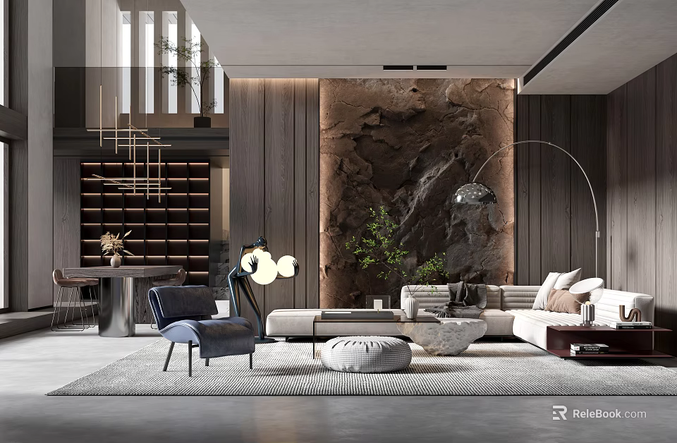 Modern Living Room Interior With Sofa Stone Wall Area Rug And Floor Lamp 3d model 