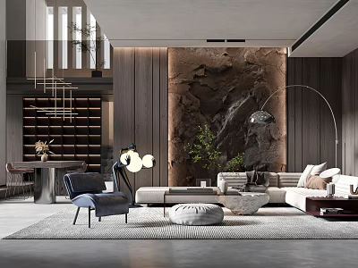 Modern Living Room Interior With Sofa Stone Wall Area Rug And Floor Lamp 3d model