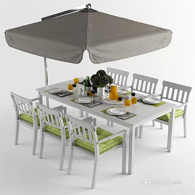 Outdoor White Dining Table With White Chairs Green Cushions Gray Canopy Umbrella Plants And Drinks 3d model 