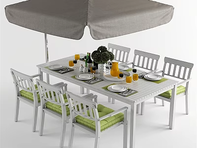 Outdoor White Dining Table With White Chairs Green Cushions Gray Canopy Umbrella Plants And Drinks 3d model