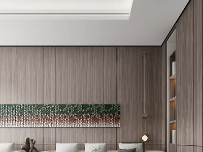 Modern Casual Area Interior With Wooden Wall Panels Decorative Painting Sofa And Floor Lamp 3d model