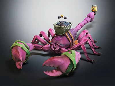 Characterized Pink Scorpion with Green Straps on Claws Basket on Back and Cup on Tail 3d model