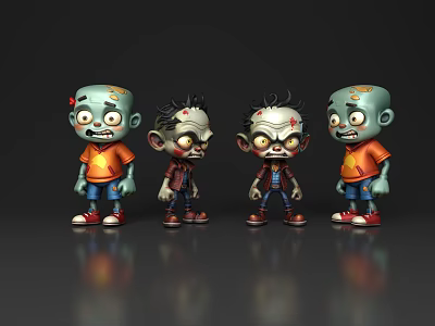 Stylized Cartoon Zombie Game Characters With Expressive Features And Colorful Outfits 3d model