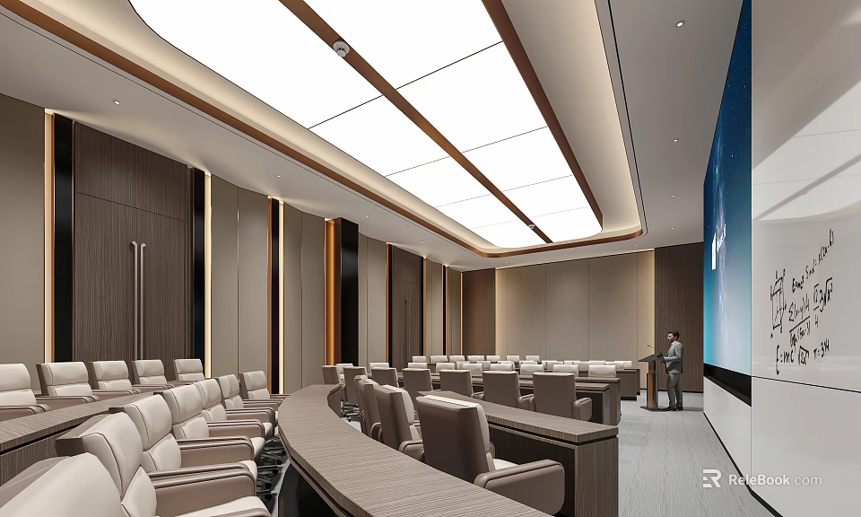 Modern Conference Room With Large Projection Screen Leather Seats And Wooden Walls 3d model 