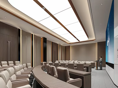 Modern Conference Room With Large Projection Screen Leather Seats And Wooden Walls 3d model