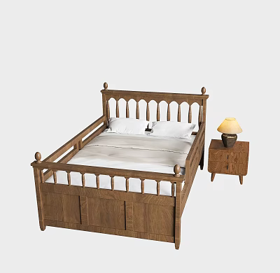 Classic Wooden Double Bed With White Bedding Nightstand And Table Lamp 3d model