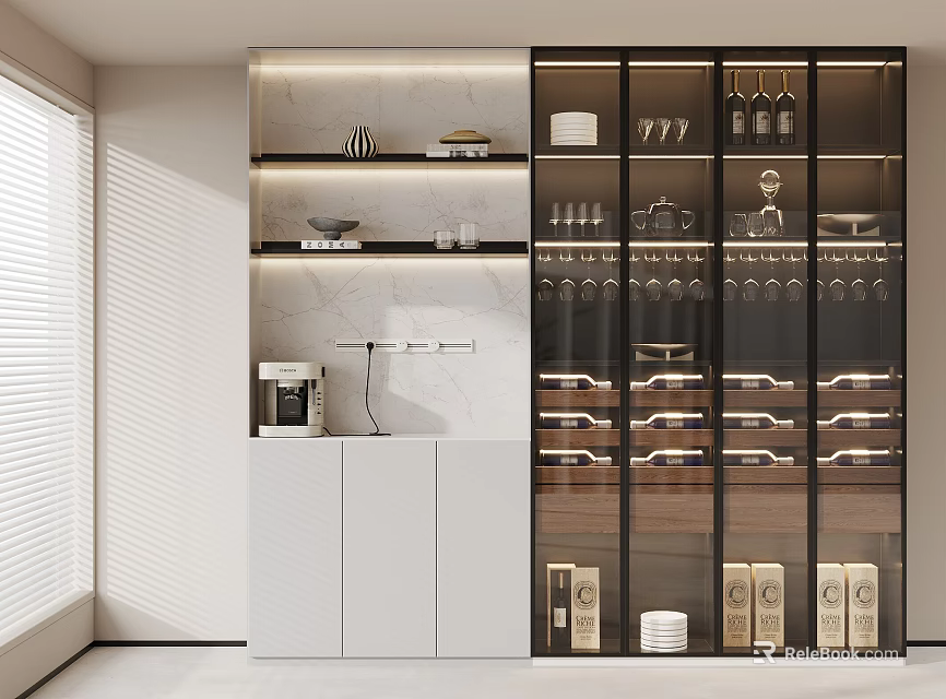 Modern Minimalist Sideboard Cabinet With Glass Wine Display And LED Ambient Lighting For Dining Room 3d model 