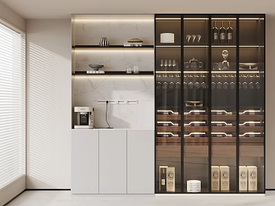 Modern Minimalist Sideboard Cabinet With Glass Wine Display And LED Ambient Lighting For Dining Room 3d model