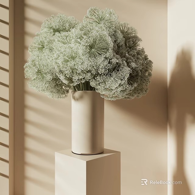 Light Green Decorative Flowers Arranged In White Vase On Cube Base With Shadow Patterns 3d model 