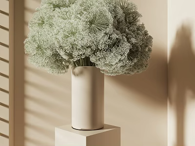 Light Green Decorative Flowers Arranged In White Vase On Cube Base With Shadow Patterns 3d model