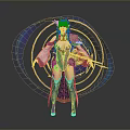 Woman Wearing Blue And Gold Outfit Holding Weapon With Purple Aura And Golden Ring