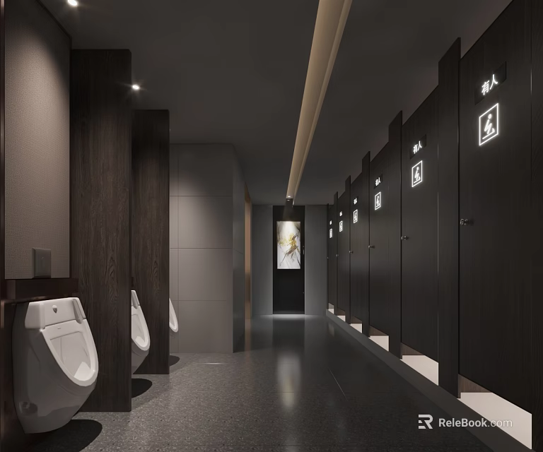 Modern Public Restroom With Urinals Stalls Dark Doors And Bright Lighting 3d model 
