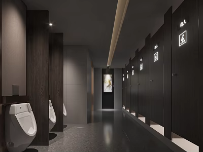 Modern Public Restroom With Urinals Stalls Dark Doors And Bright Lighting 3d model
