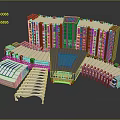 Cartoon Style City Scene With Colorful Buildings Blue Rooftops Red Green Accents And Square Area