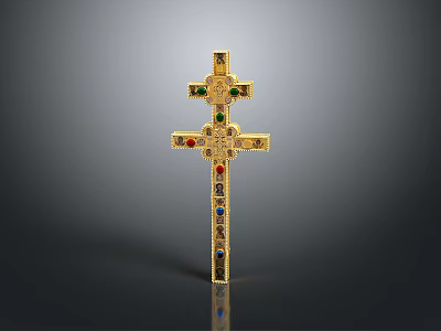 Exquisite Sculpture Carving of Golden Cross Adorned With Colored Gemstones 3d model