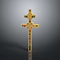 Exquisite Sculpture Carving of Golden Cross Adorned With Colored Gemstones
