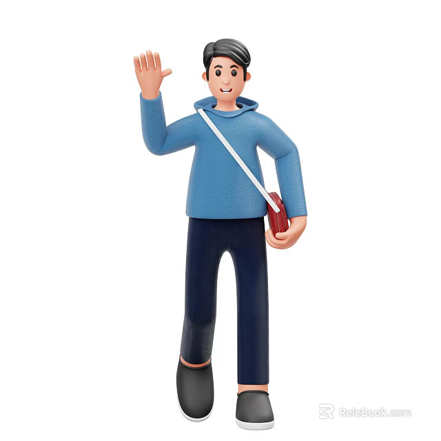 Man in Blue Hoodie Waving Hand Casually Carrying Red Bag Standing 3d model 