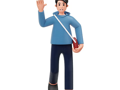 Man in Blue Hoodie Waving Hand Casually Carrying Red Bag Standing 3d model