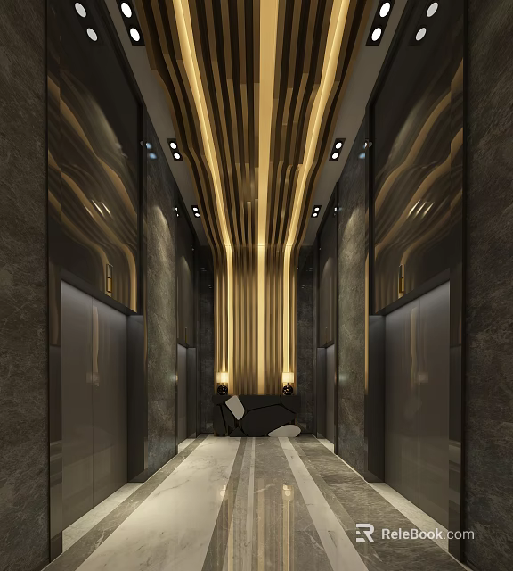 Modern Hotel Elevator Lobby With Striped Ceiling Design Marble Walls And Recessed Lighting 3d model 