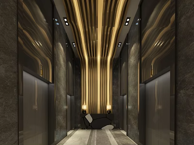 Modern Hotel Elevator Lobby With Striped Ceiling Design Marble Walls And Recessed Lighting 3d model