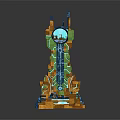 3D Mechanical Tower Structure With Green Elements Orange Base Top Antennas And Blue Tech Lines