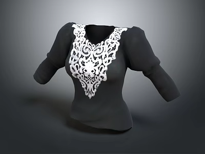 Elegant Black Top With White Lace Neckline And Puffed Sleeves Design 3d model