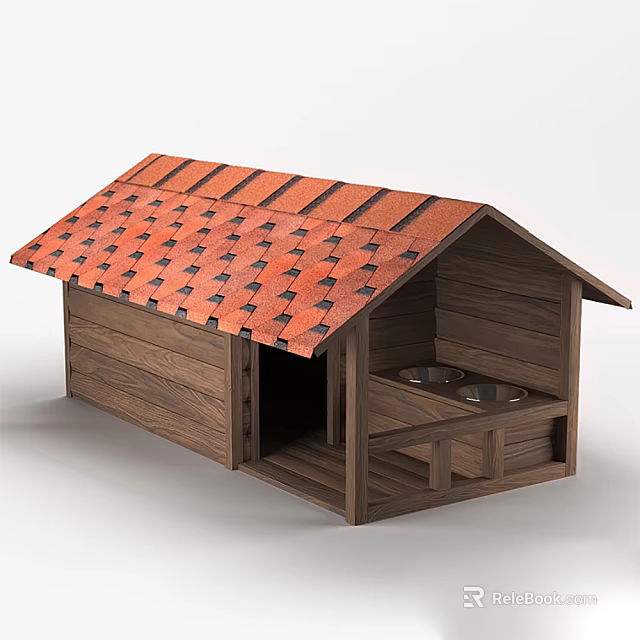 Durable Wooden Dog House Red Tiled Roof With Entrance Side Platform And Food Bowls 3d model 