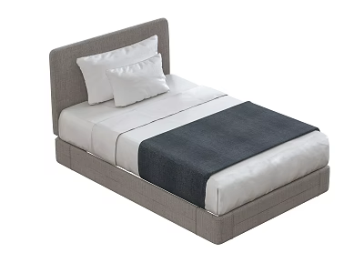 Modern Simple Single Bed With Gray Headboard White Mattress Two Pillows And Dark Blanket 3d model