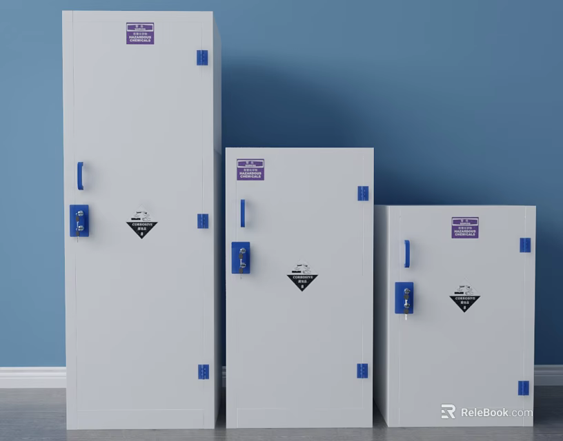 White Safety Cabinets With Blue Handles Purple Labels And Warning Signs In Different Sizes 3d model 
