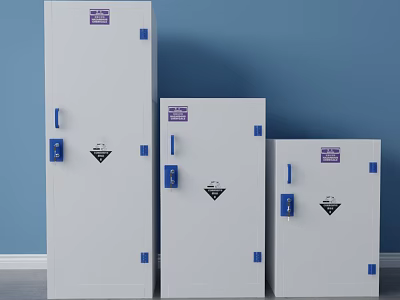 White Safety Cabinets With Blue Handles Purple Labels And Warning Signs In Different Sizes 3d model