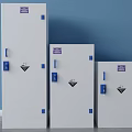 White Safety Cabinets With Blue Handles Purple Labels And Warning Signs In Different Sizes