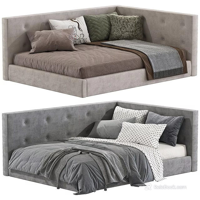 Modern Upholstered Kids Bed with Tufted Headboard Soft Pillows and Cozy Blankets 3d model 