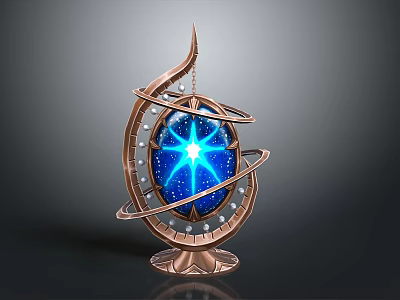 Ornate Copper Decorative Sphere With Blue Glowing Core And Metal Rings 3d model