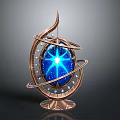 Ornate Copper Decorative Sphere With Blue Glowing Core And Metal Rings