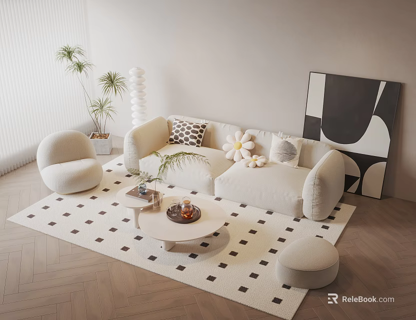 Modern Sofa Coffee Table Set With Checkered Rug Throw Pillows And Abstract Artwork 3d model