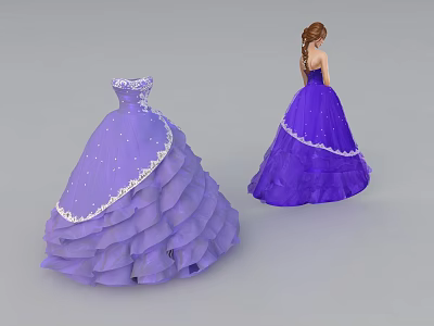 Purple Strapless Ball Gown With Ruffled Layers White Lace Trim And Sequins 3d model