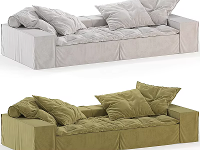 Velvet Two Seater Sofa with Plush Cushions in Light Gray and Olive Green 3d model