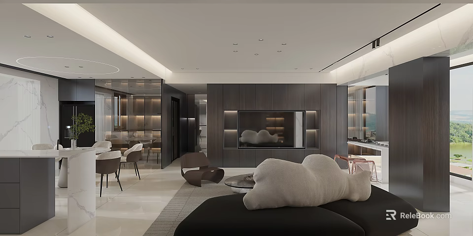 Modern Dining and Living Room Interior With Comfortable Sofa Dining Table TV Wall and Lighting 3d model 