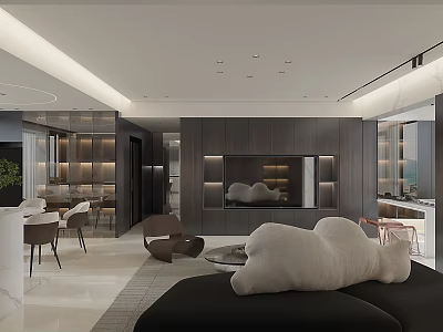 Modern Dining and Living Room Interior With Comfortable Sofa Dining Table TV Wall and Lighting 3d model