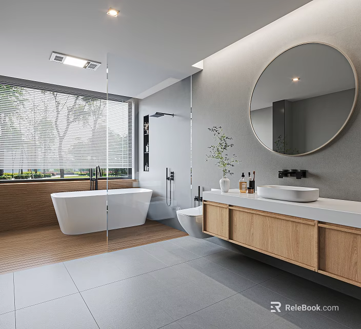 Modern Bathroom Interior With Bathtub Glass Shower Round Mirror And Wooden Vanity 3d model 
