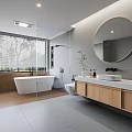 Modern Bathroom Interior With Bathtub Glass Shower Round Mirror And Wooden Vanity