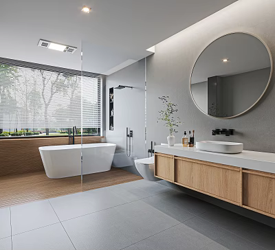 Modern Bathroom Interior With Bathtub Glass Shower Round Mirror And Wooden Vanity 3d model