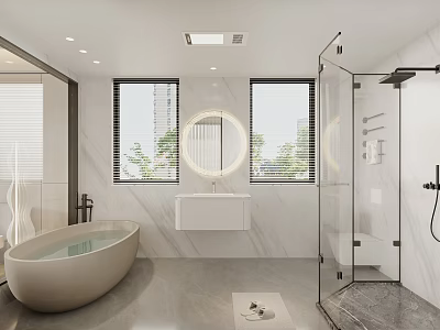 Modern Bathroom Interior With Freestanding Bathtub Round Mirror And Glass Shower Enclosure 3d model